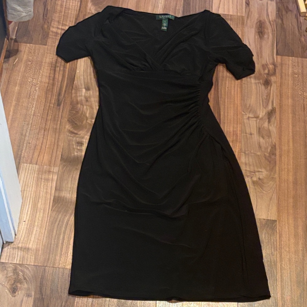 Lauren Ralph Lauren Dress Solid Black Ruched Side Faux Wrap Size 4